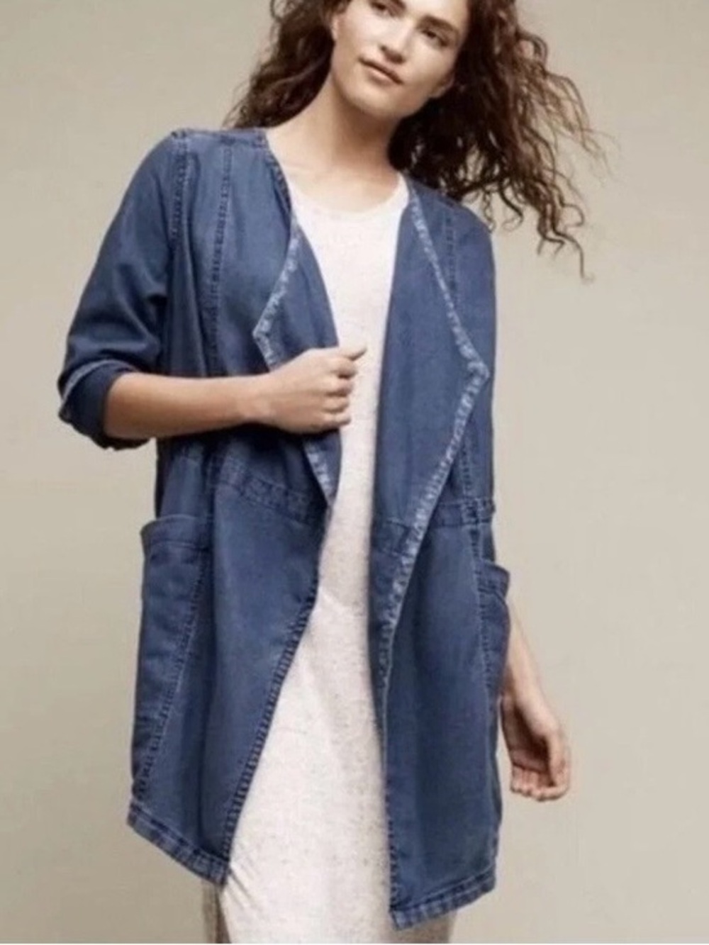 Anthropologie Hei Hei High Plains Chambray Anorak Jacket Blue Drape Linen Medium